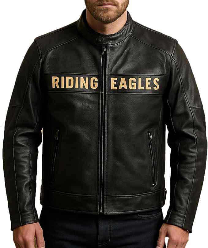 Men's Dual-tone Motorcycles Embroidered Screaming Eagle Rumble Cowhide Leather Biker Riding Jacket with Dual Vents