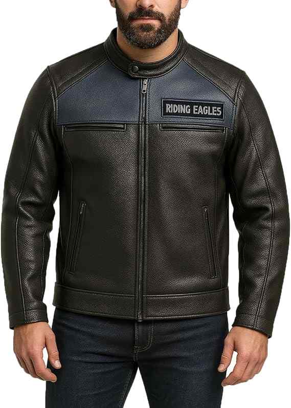 Men's Embroidered Dual-tone Legendary Motorcycles Cruiser Votary Cowhide Leather Biker Riding Jacket with Dual Vents