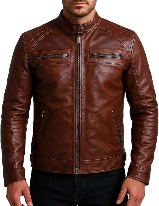 Men's Motorcycles Retro Distressed Quilted Motorcycle Leather Jacket - Genuine Lambskin Leather Jacket